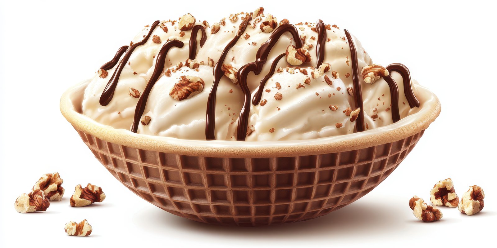 Delicious ice cream bowl with chocolate drizzle and crunchy toppings served in a waffle cone basking in sunlight